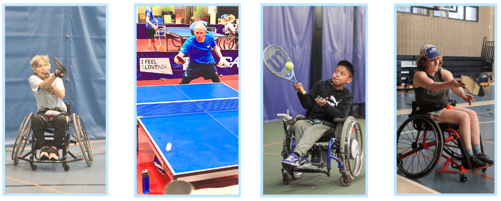 Group of 4 photos showing people using adaptive equipment in different racket sports.